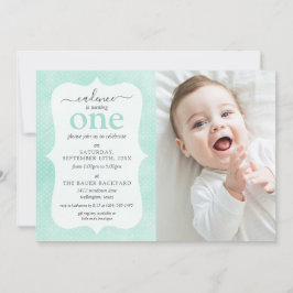 Mint & Gult Cottage Rustic Wood Geometric Photo Inbjudningar