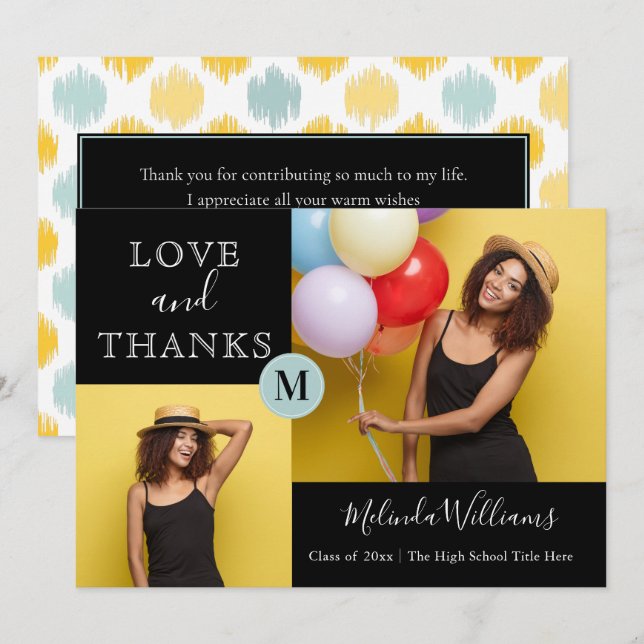 Mint & Gult Monogram Photo Tack Studenten Meddelande (Fram/baksida)