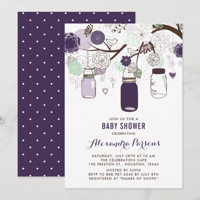 Mint Hanging Mason Burk Blommigt Baby Shower Inbjudningar (Fram/baksida)