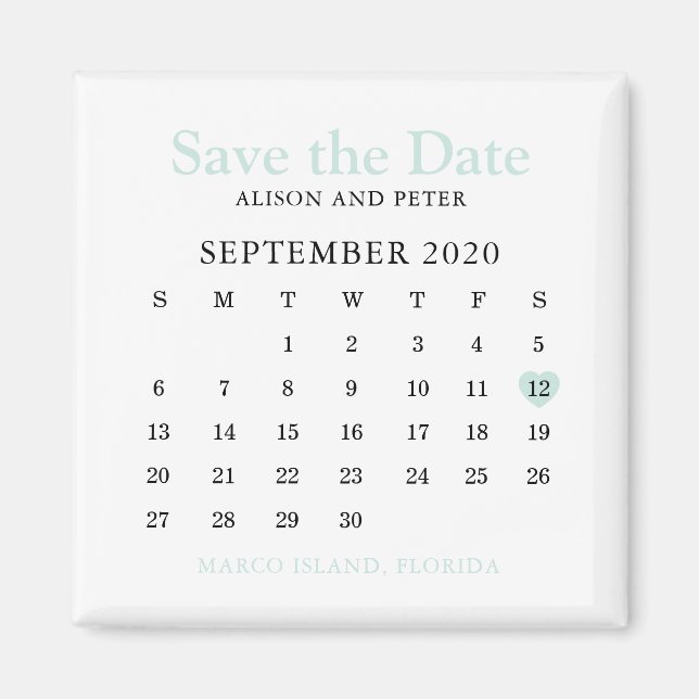 Mint Heart Calendar Bröllop spara datum Magnet (Framsidan)