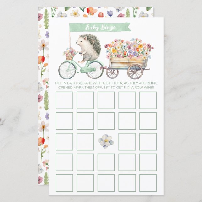 Mint Hedgehog Baby Shower Bingo Game Card (Fram/baksida)