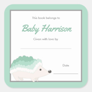 Mint Hedgehog Baby Shower Bookplate, neutralt bok Fyrkantigt Klistermärke