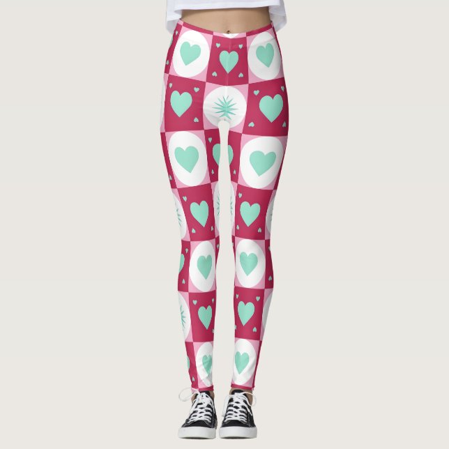 Mint Hjärtan & Retro Stjärnor Leggings (Framsida)