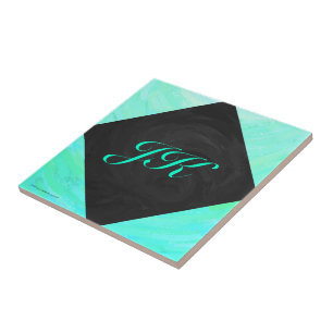 Mint Ice Blue och Black Monogram Kakelplatta