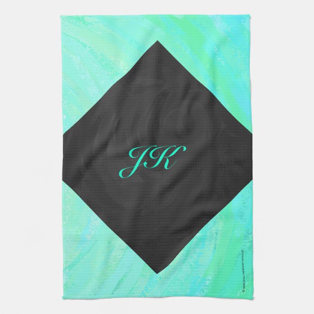 Mint Ice Blue och Black Monogram Kökshandduk (Vertikal)