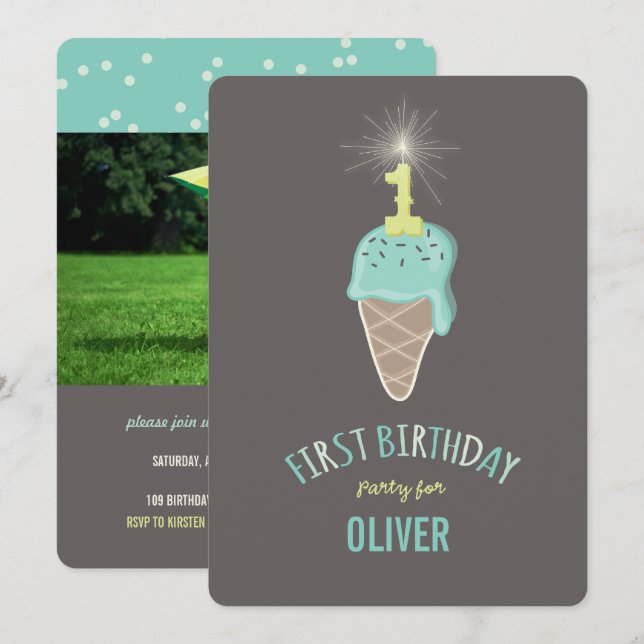 Mint Ice Cream Sparkler One Boy 1st Birthday Party Inbjudningar (Fram/baksida)