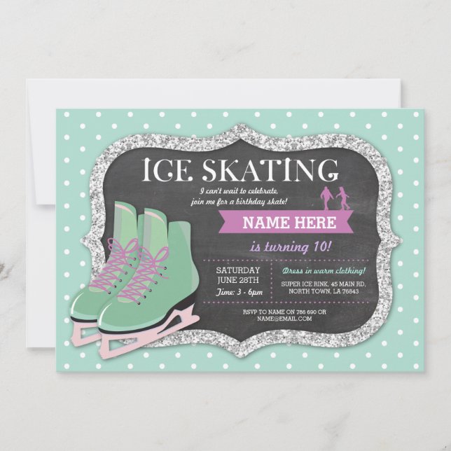 Mint Ice Skating Födelsedagsfest Rink Skate Inbjud Inbjudningar (Framsida)