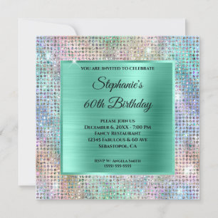 Mint Iridescent Diamond Studed Foil 60 Birthday Inbjudningar