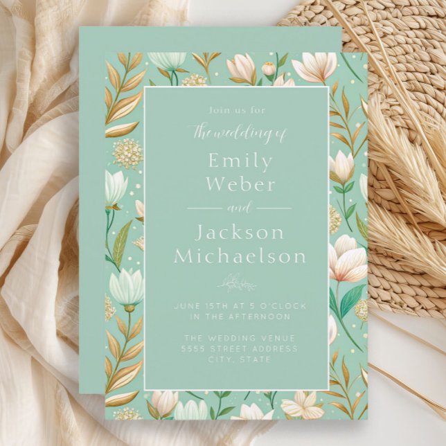 Mint Ivory Guld Watercolor Blommigt Bröllop Inbjudningar (Mint green wedding invitation with ivory and gold floral)