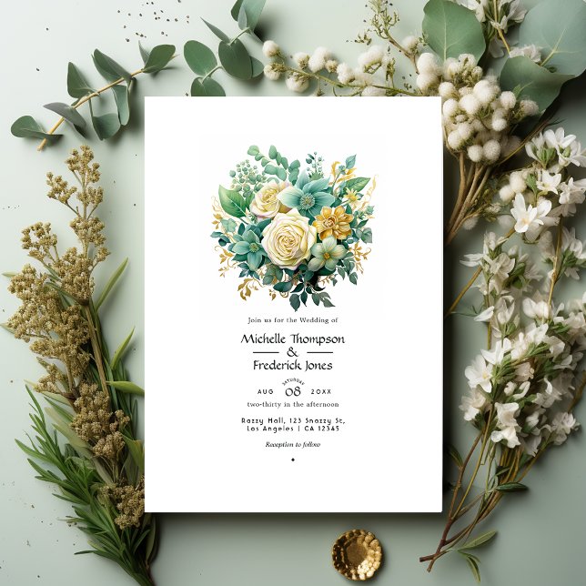 Mint, jaktgrönt och guld blomster sommarbröllop inbjudningar (Skapare uppladdad)