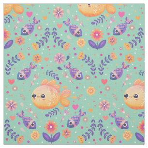 Mint Kawaii Goldfish Sea Garden Mönster Tyg