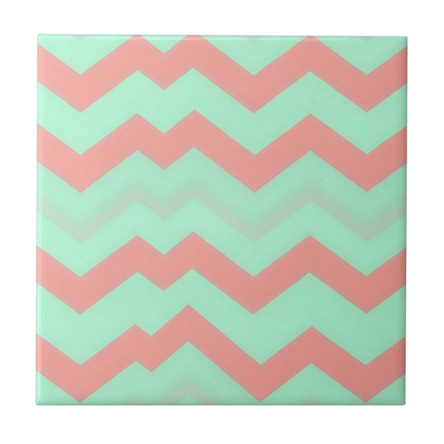 Mint Korall Chevron Mönster Kakelplatta (Framsidan)