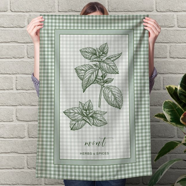 Mint Kräuter Köks Handduk – Grön Gingham Kant Kökshandduk (Mint Herb Kitchen Towel – Green Gingham Border)