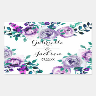 Mint & Lila Blommigt Watercolor Bröllop Monogram Rektangulärt Klistermärke