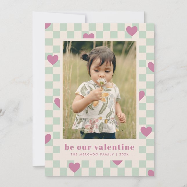 Mint Lila Checkerboard Hearts Valentine Card Inbjudningar (Framsida)