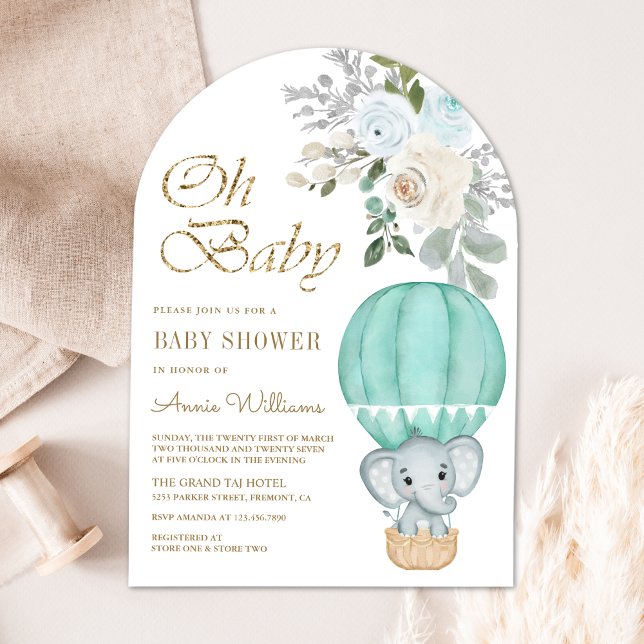 Mint Luftballong Elephant Arch Baby Shower Inbjudningar (Skapare uppladdad)