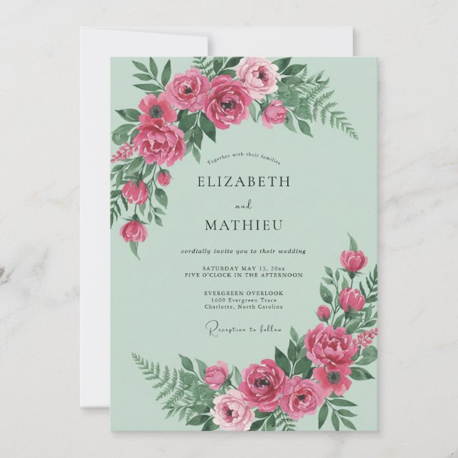 Mint Magenta Peony Bröllop Inbjudningar (Framsida)