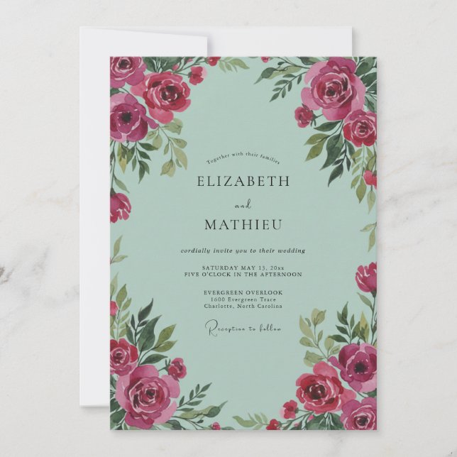 Mint Magenta Ranunculus Grå Eukalyptus Bröllop Inbjudningar (Framsida)