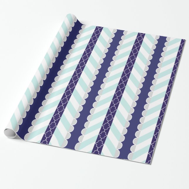 Mint, marinblå, vit geometrisk stripe Mönster Presentpapper (Utrullad)