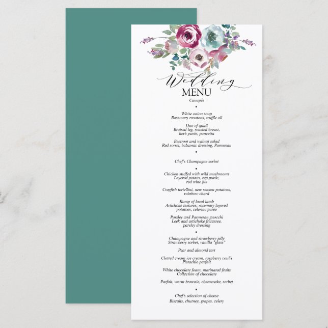 Mint & Mauve Blommig Vattenfärg Bröllopsmeny Meny (Fram/baksida)