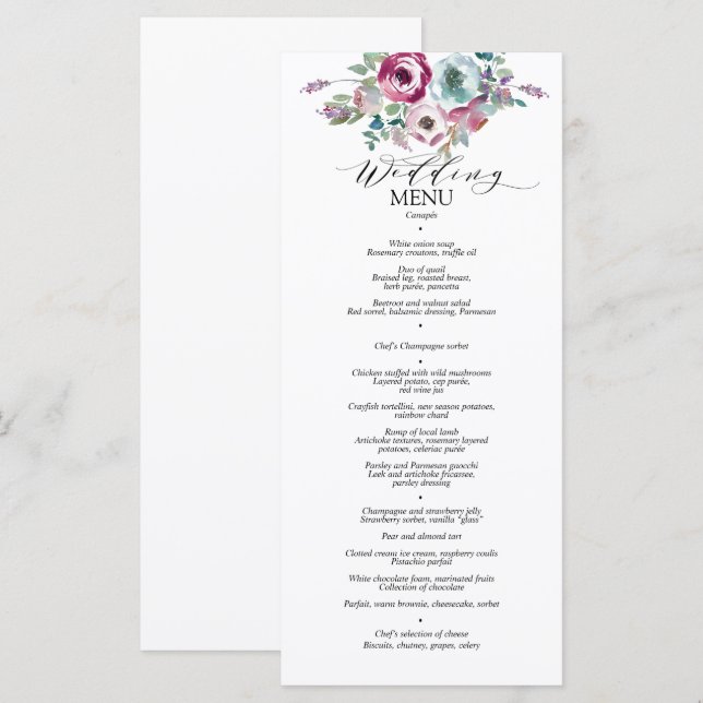 Mint & Mauve Blommigt Watercolor Bröllop Menu Meny (Fram/baksida)