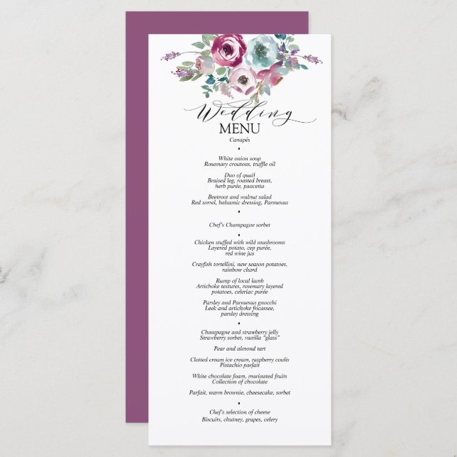 Mint & Mauve Blommigt Watercolor Bröllop Menu Meny (Fram/baksida)