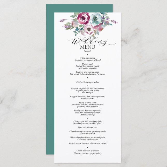 Mint & Mauve Blommigt Watercolor Bröllop Menu Meny (Fram/baksida)