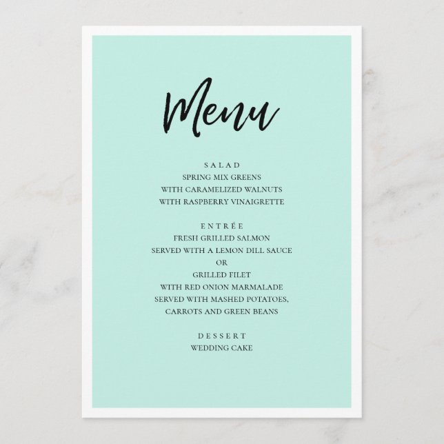 Mint modern bröllop. Enkel minimalistisk skrift Meny (Framsida)