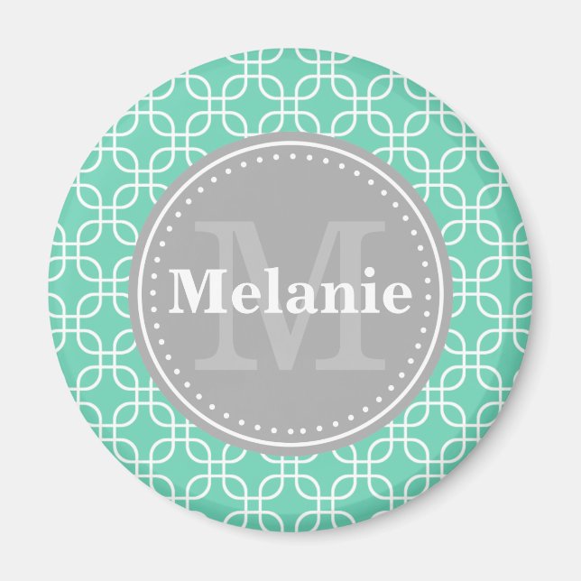 Mint Modern Squares Mönster Grått Monogram Magnet (Framsidan)