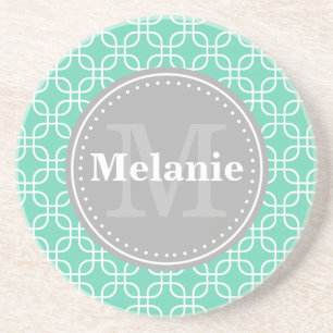 Mint Modern Squares Mönster Grått Monogram Underlägg
