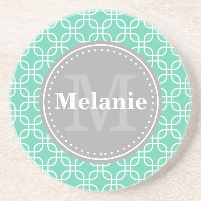 Mint Modern Squares Mönster Grått Monogram Underlägg (Framsidan)