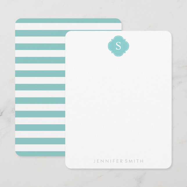 Mint Monogram och Randiga Notkort Inbjudningar (Fram/baksida)