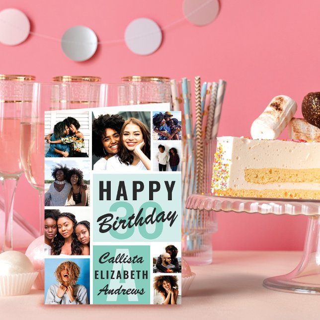 Mint Monogram Photo Collage Grattis på födelsedage Kort (Skapare uppladdad)