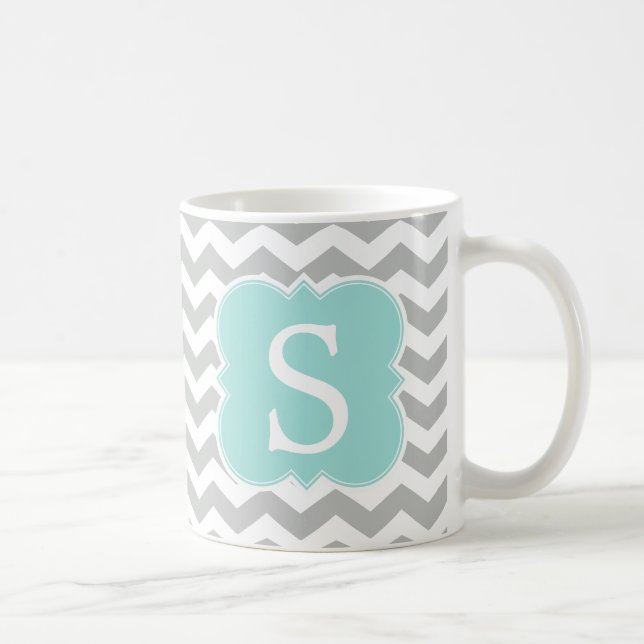 Mint Monogrammed Grått Chevron Rand Kaffemugg (Höger)