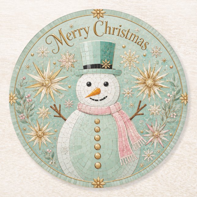Mint Mosaic Snöman Julglädje Underlägg Papper Rund (Framsidan)