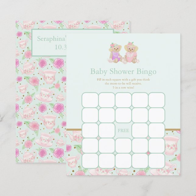 Mint Nalle Tea Party Baby Shower Bingo Game (Fram/baksida)