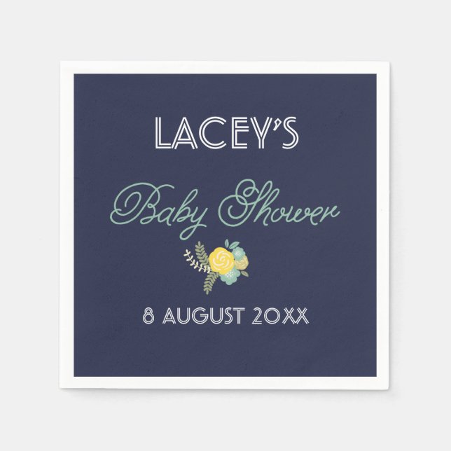 Mint & Navy Blommigt Bouquet Baby Shower Napkins Pappersservett (Framsidan)