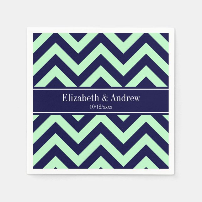 Mint Navy LG Chevron Navy Blue Namn Monogram Pappersservett (Framsidan)