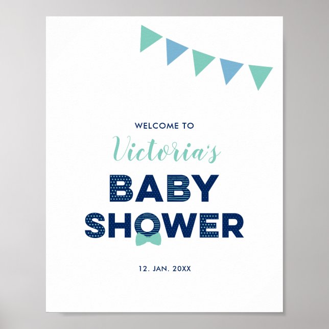 Mint & Navy | Modern välkomstskylt för baby shower Poster (Framsidan)