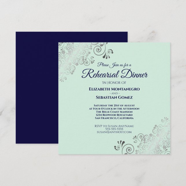 Mint Navy & Silver Bröllop Rehearsal Dinner Square Inbjudningar (Fram/baksida)