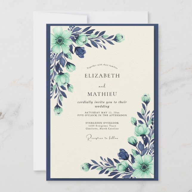 Mint Navy Tranquil Botanical Wedding Inbjudningar (Framsida)