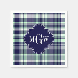 Mint Navy White Preppy Madras Quatrefoil Monogram Pappersservett