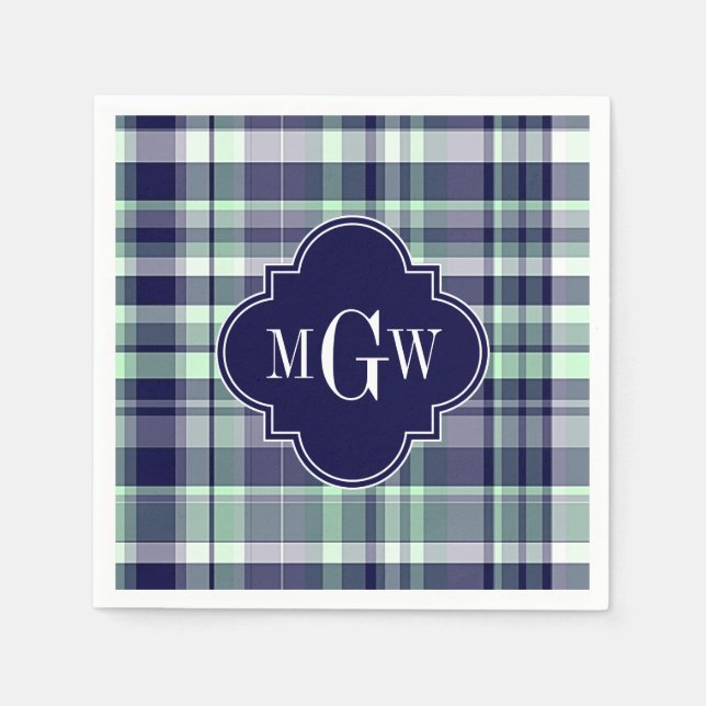 Mint Navy White Preppy Madras Quatrefoil Monogram Pappersservett (Framsidan)
