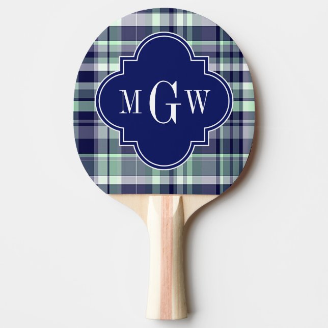 Mint Navy White Preppy Madras Quatrefoil Monogram Pingisracket (Framsidan)