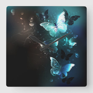 Mint Night Butterflies Fyrkantig Klocka