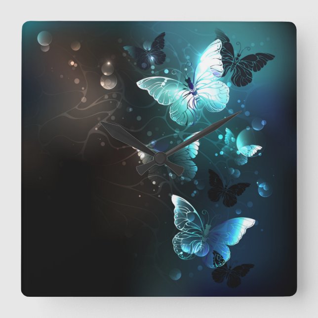 Mint Night Butterflies Fyrkantig Klocka (Framsida)