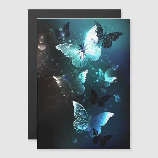 Mint Night Butterflies Magnetisk Inbjudningskort (Fram/baksida)