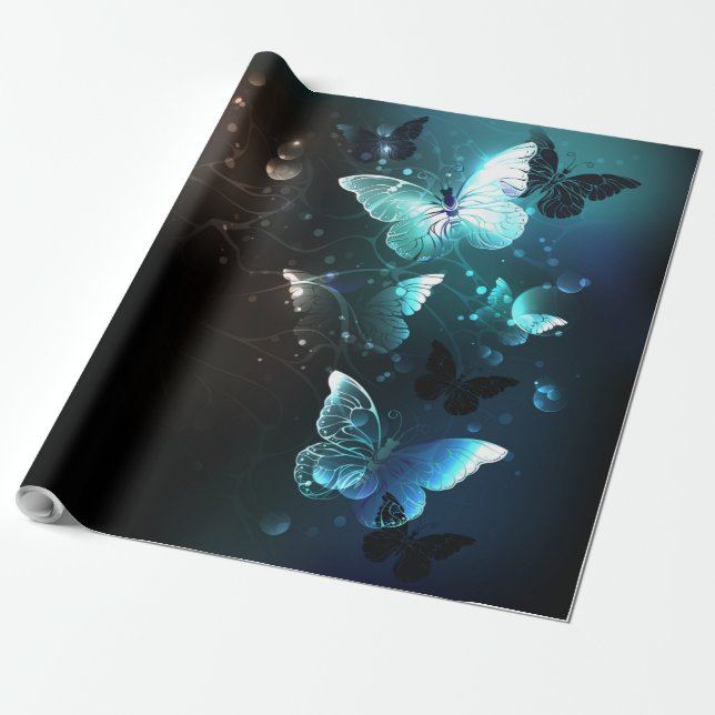 Mint Night Butterflies Presentpapper (Utrullad)