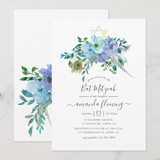 Mint och Blå Akvarell Boho Blommig Bat Mitzvah Inbjudningar (Fram/baksida)
