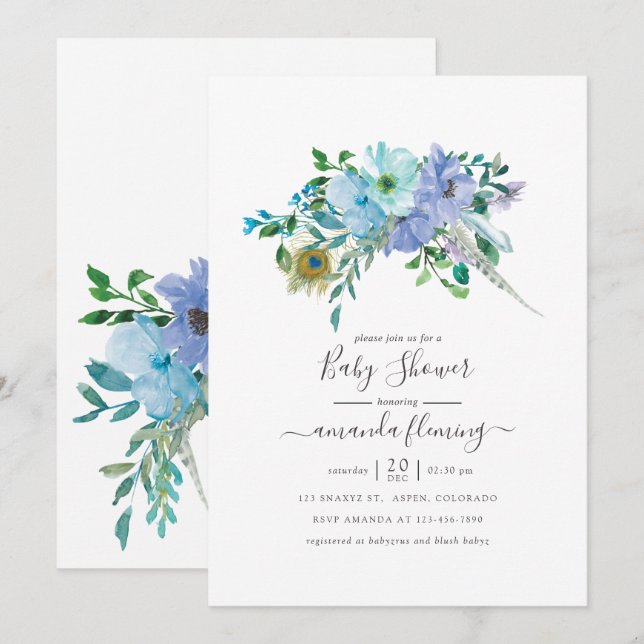 Mint och Blå Akvarell Boho Blommig Bebis Shower Inbjudningar (Fram/baksida)